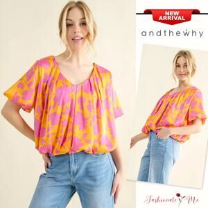 And The Why Printed Short Sleeves Satin Bubble Hem Relaxed Fit Blouse | Citrus